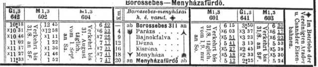 Menetrend, érvényes 1914.V.1.-től. Jól látható a motorkocsis és gőzmozdonyos vonatok külön jelölése.