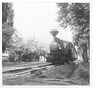 394-es sorozatú mozdonnyal vontatott személyvonat Cegléden az 1950-es években